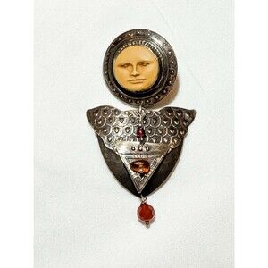 Signed Tabra Moon Face God Goddess garnet & carnelian Beaded Sliver Pin Brooch